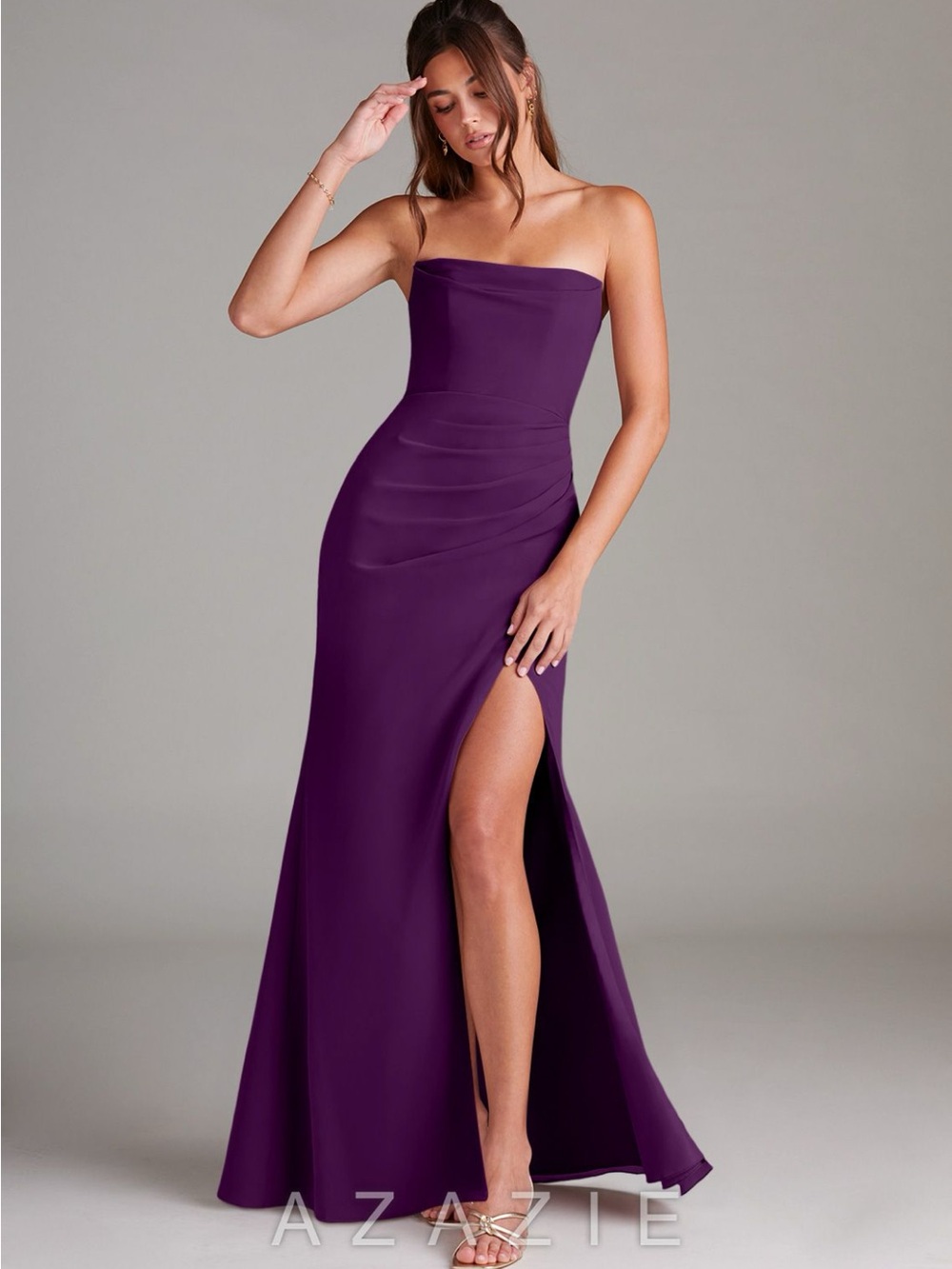 Azazie Strapless Grape Column Gown with High Slit
